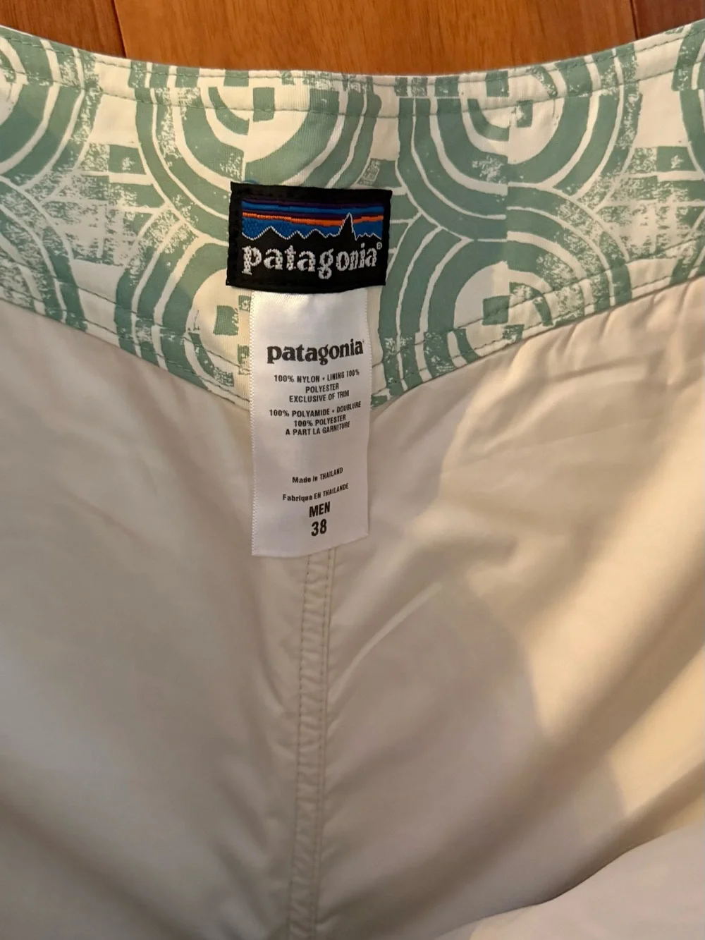 Patagonia Mint Green Circular Print Swim Board Shorts